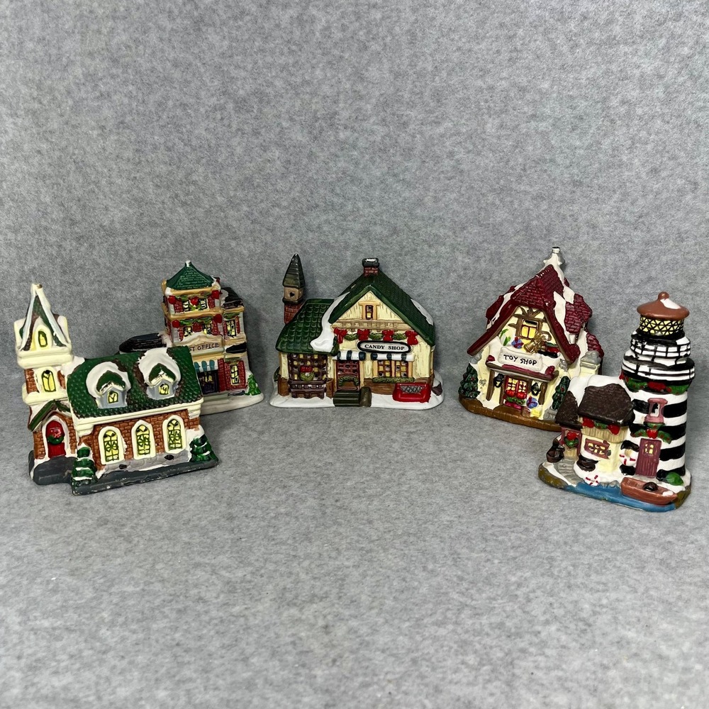 Christmas Village Houses Set Of 5 Post Office Lighthouse Candy & Toy Shop Decor